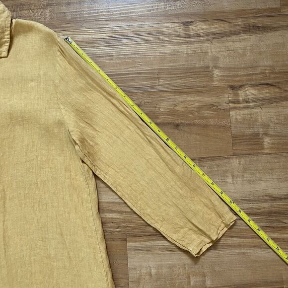 FRANCESCA BETTINI M Linen Yellow Button Shirt Dress Roll-Tab Cottage Lagenlook - Picture 14 of 16